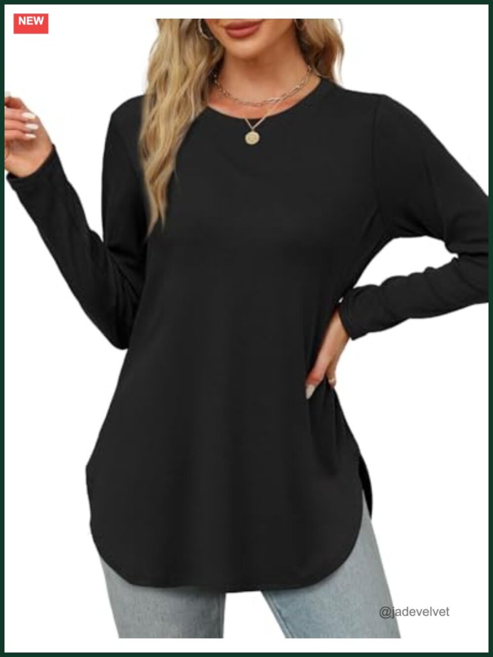 Long Sleeve Loose Fit Tunic Top Side Split Curved Hem Casual Shirt